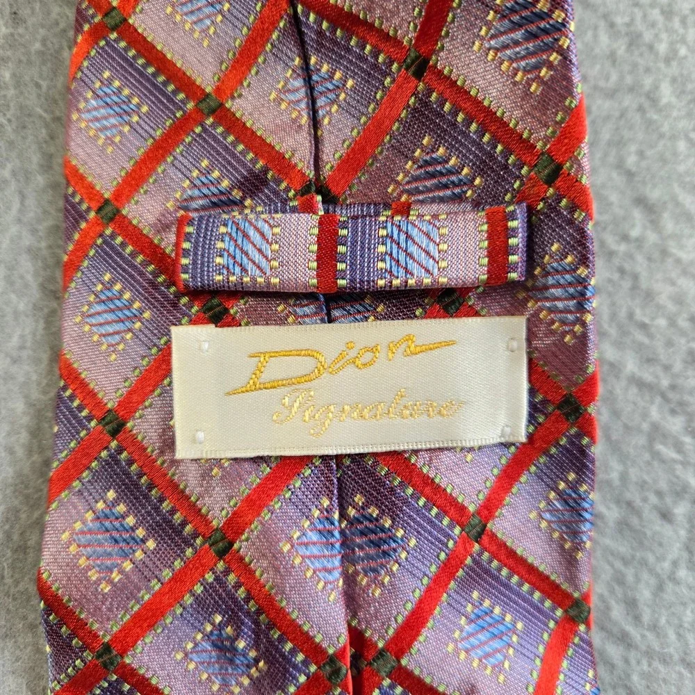 Dion Signature Necktie Mens OS Purple Red Geometric Diamond 100% Italian Silk